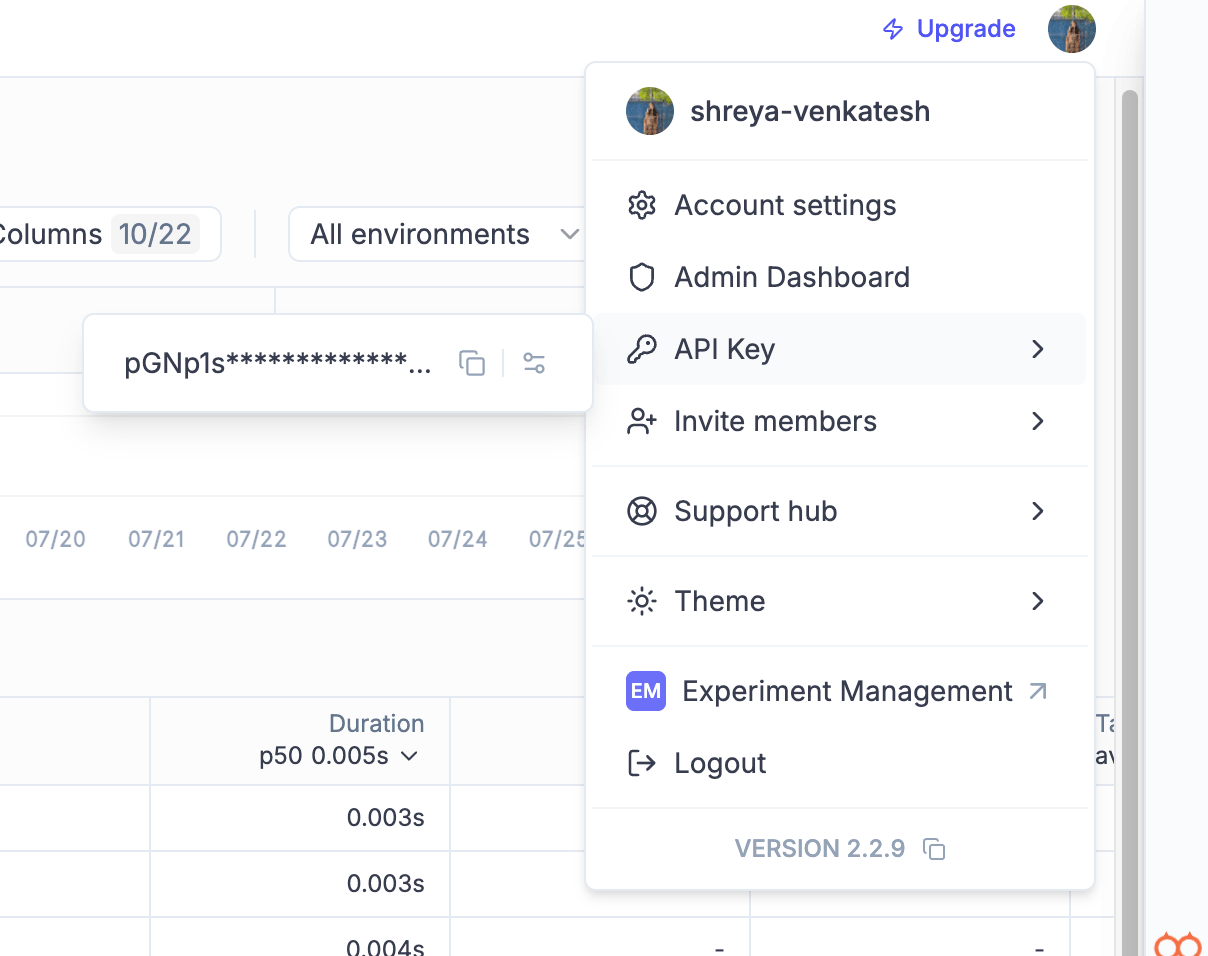 Comet Opik account menu showing the API Key option and the workspace name