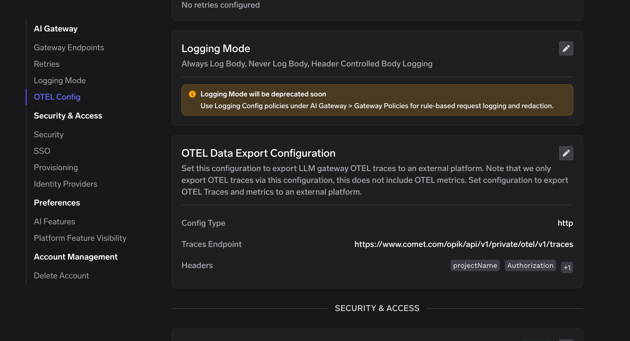 TrueFoundry AI Gateway Settings page showing the OTEL Data Export Configuration section