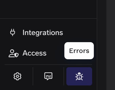 Tenant Errors indicator in the bottom-left sidebar, shown as a bug icon with an Errors badge