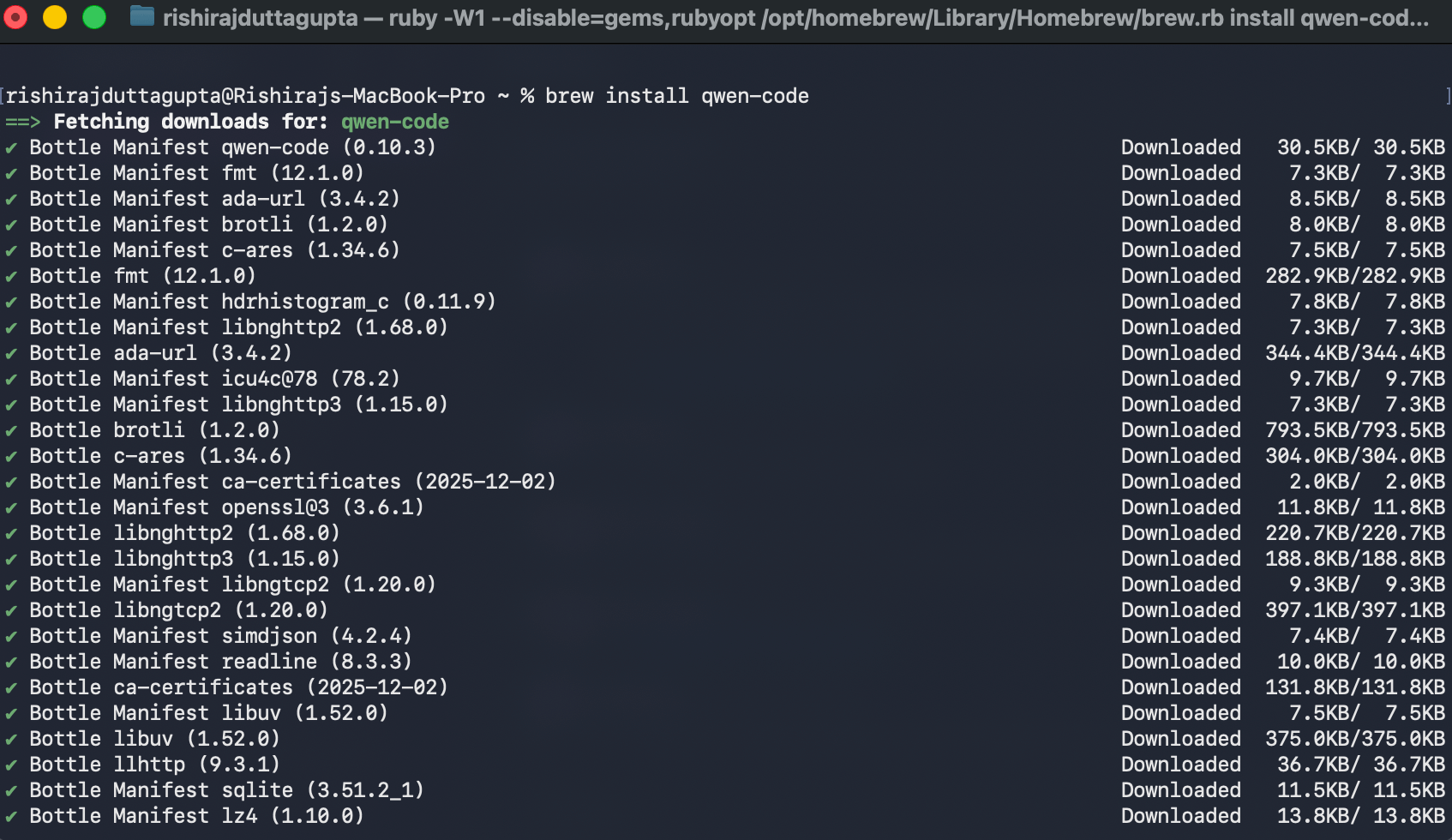 Terminal showing brew install qwen-code fetching packages
