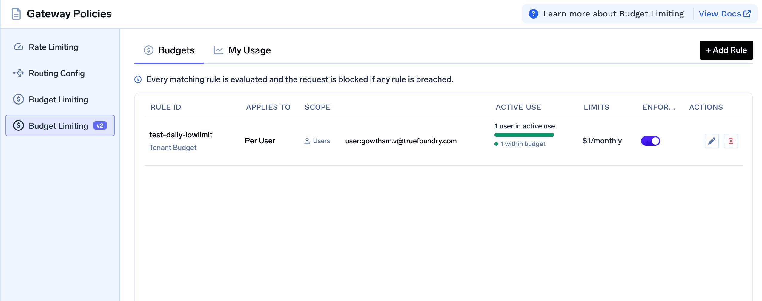Budget Limiting v2 page showing tenant and per-user budget rules with active use, limits, and enforcement toggles