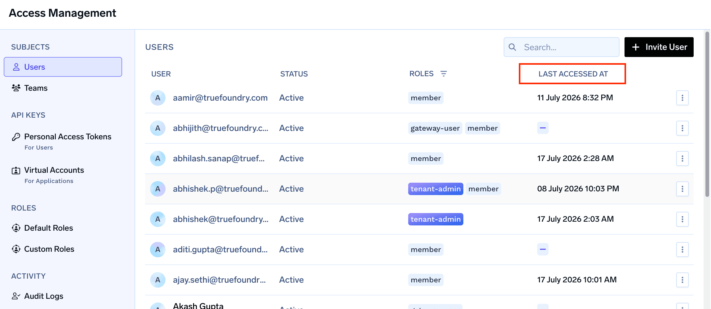 Users table showing the new Last Accessed At column