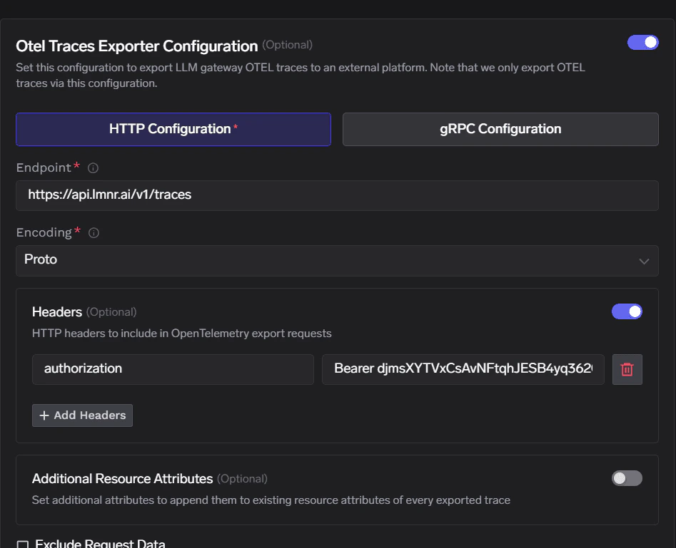 TrueFoundry OTEL Traces Exporter Configuration with HTTP endpoint https://api.lmnr.ai/v1/traces, Proto encoding, and Authorization Bearer header for Laminar