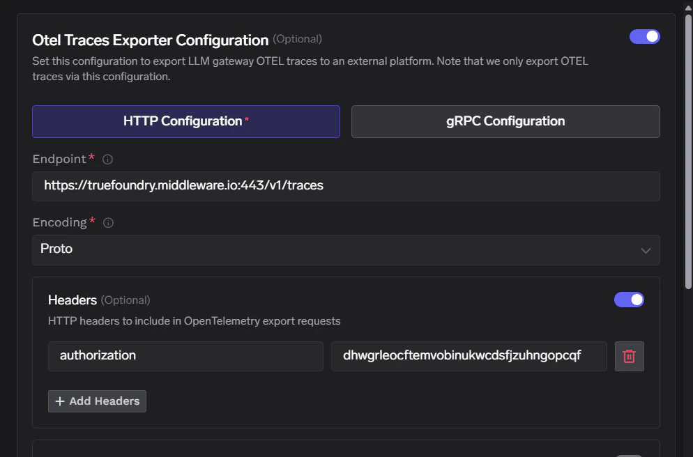 TrueFoundry OTEL Traces Exporter Configuration with Middleware HTTPS traces endpoint, Proto encoding, and Authorization header set to the Middleware API key