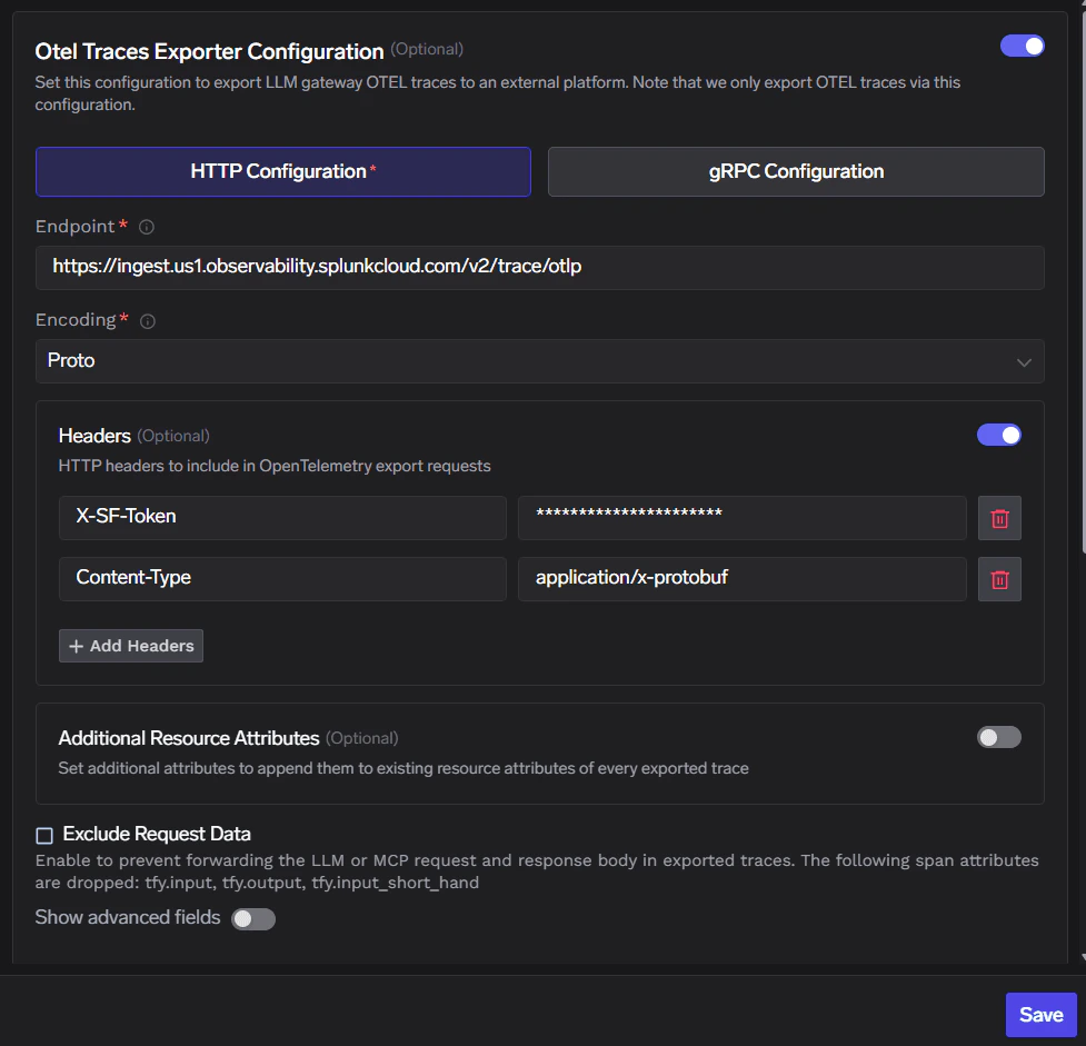 TrueFoundry OTEL HTTP exporter for Splunk OTLP endpoint with Proto encoding and headers