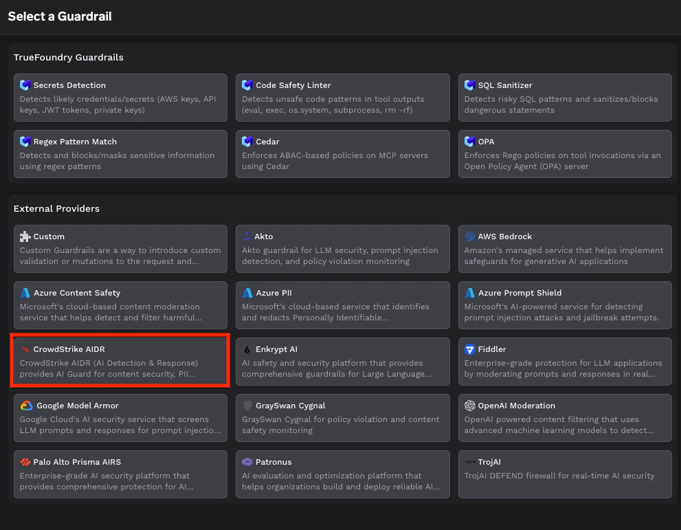 TrueFoundry guardrail registry highlighting the CrowdStrike AIDR card under External Providers