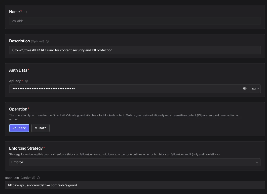 TrueFoundry interface for configuring CrowdStrike AIDR with fields for name, description, API key, operation, enforcing strategy and base URL