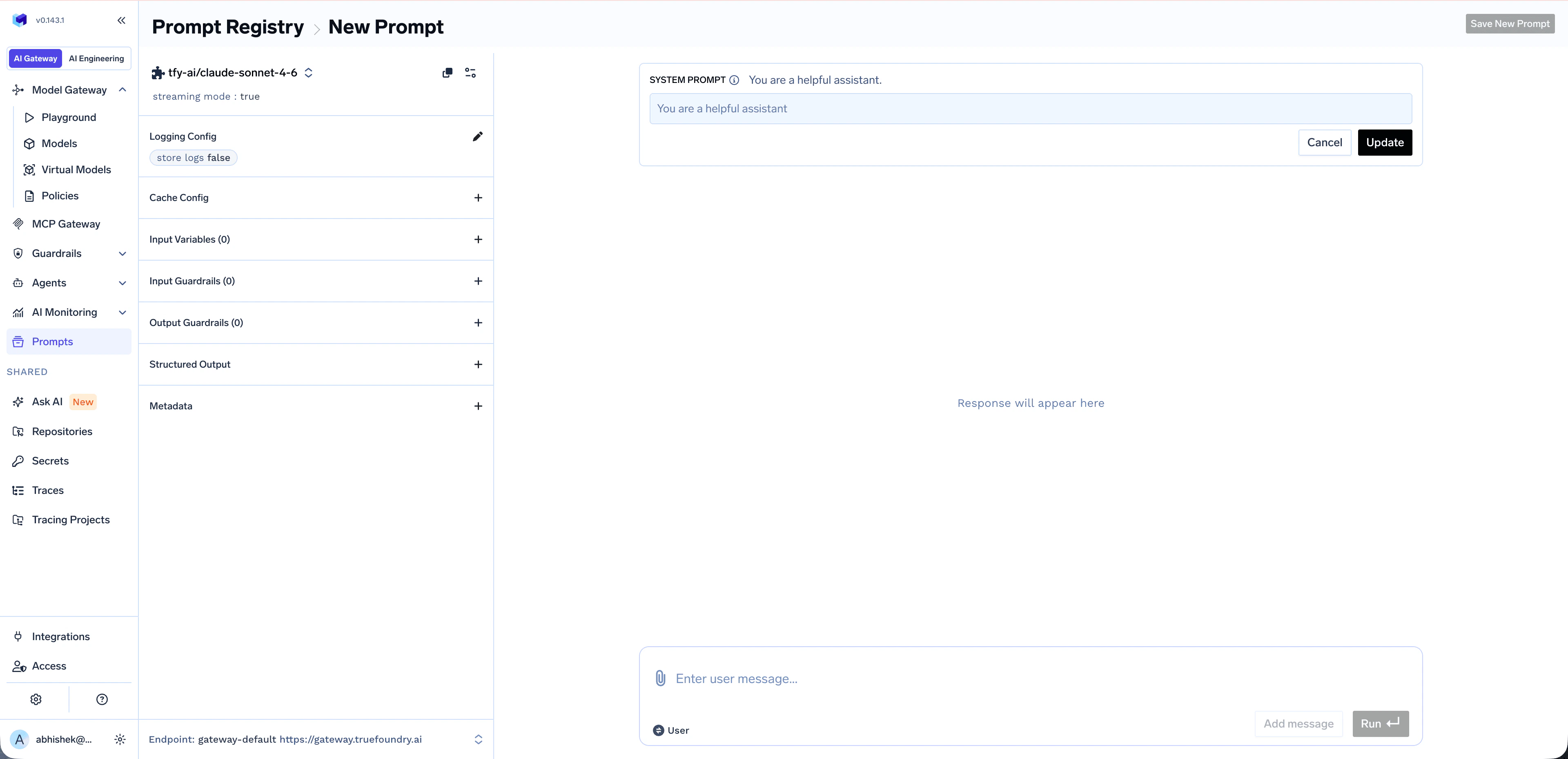 New Prompt screen showing model selector, system prompt input, user message field, and the left configuration panel with Logging Config, Cache Config, Input Variables, Guardrails, Structured Output, and Metadata options