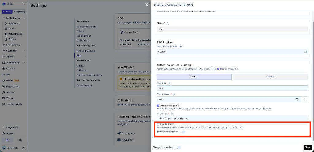 SSO configuration form with the Enable SCIM toggle and Show advanced fields highlighted as moving out