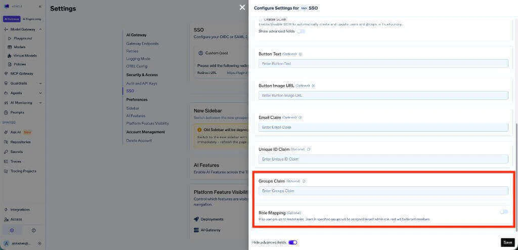 SSO configuration form with Groups Claim field and Role Mapping toggle highlighted as deprecated