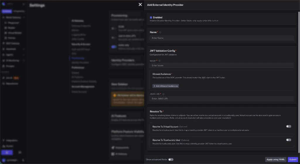 Add Identity Provider drawer showing JWT validation and resolve-to settings