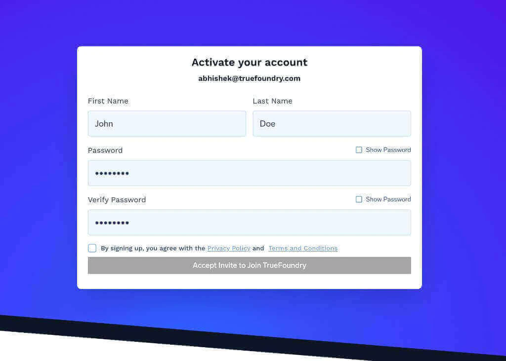 Activate your account form with First Name, Last Name, Password, and Verify Password fields