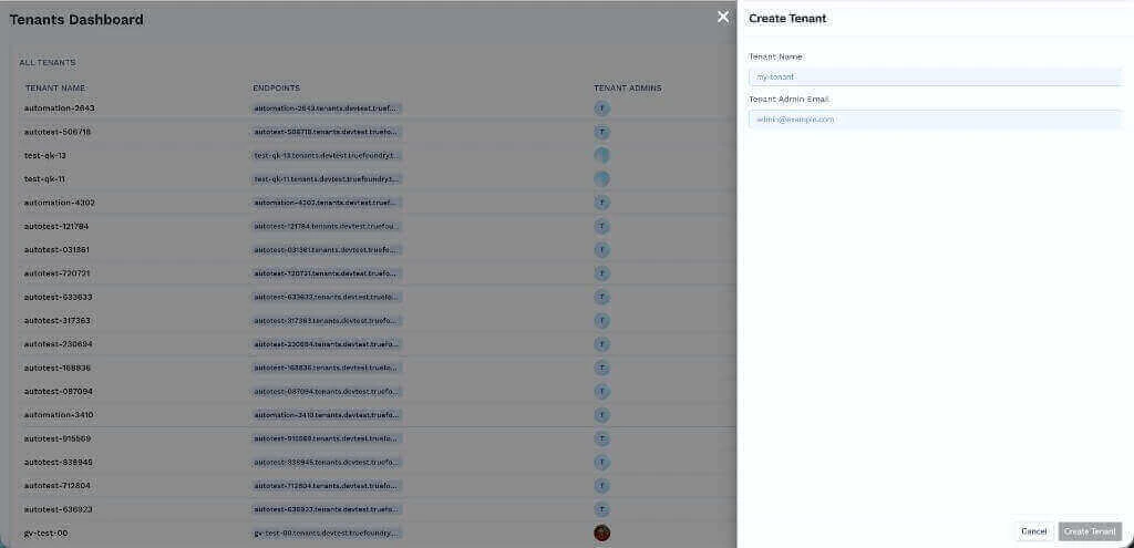 Create Tenant side drawer showing Tenant Name and Tenant Admin Email input fields