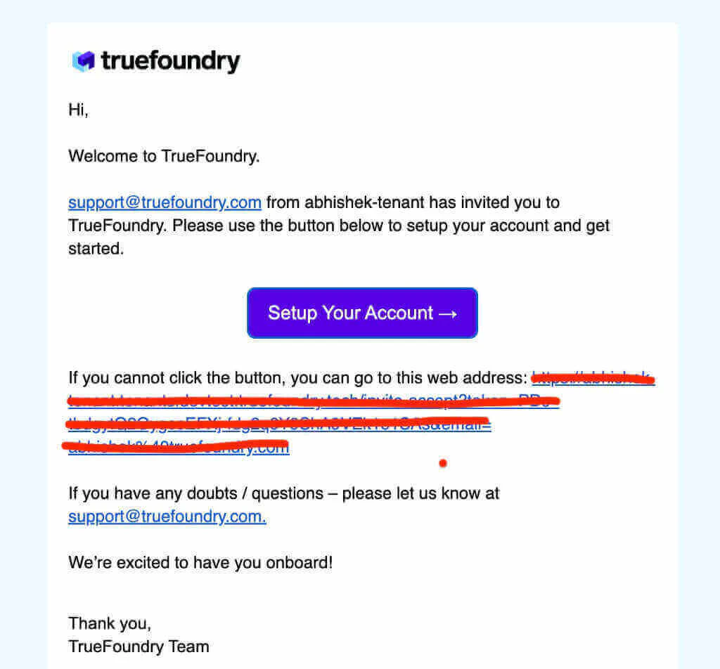 Welcome to TrueFoundry email containing a Setup Your Account button and a fallback web address