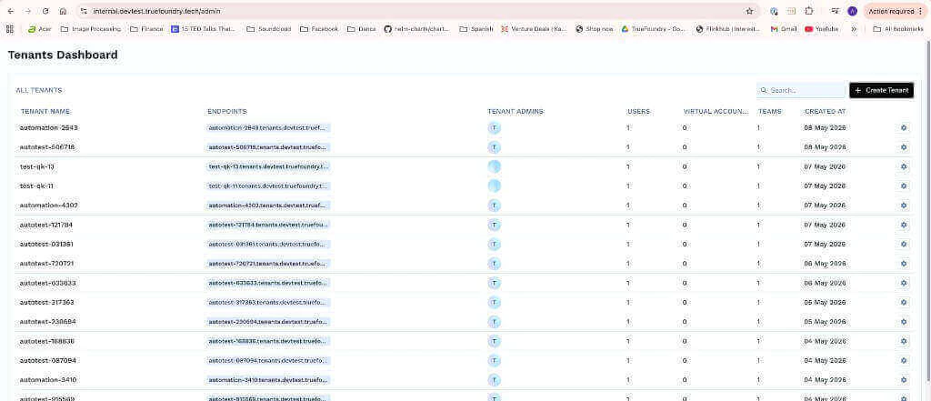 Tenants Dashboard showing list of tenants with name, endpoint, admins, users, virtual accounts, teams, and creation date