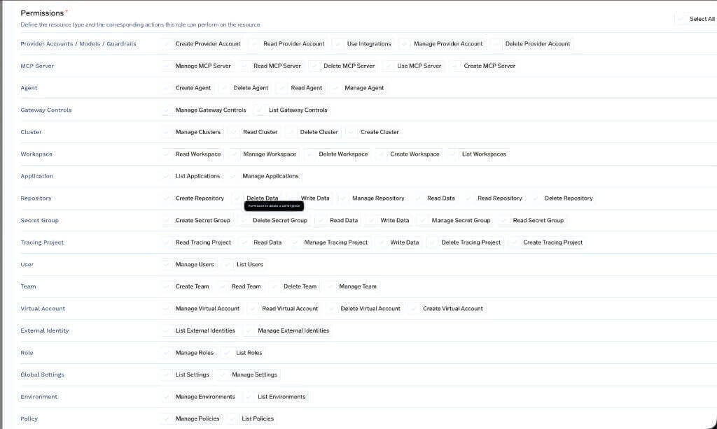Custom role creation form showing all tenant-level permissions grouped by resource type