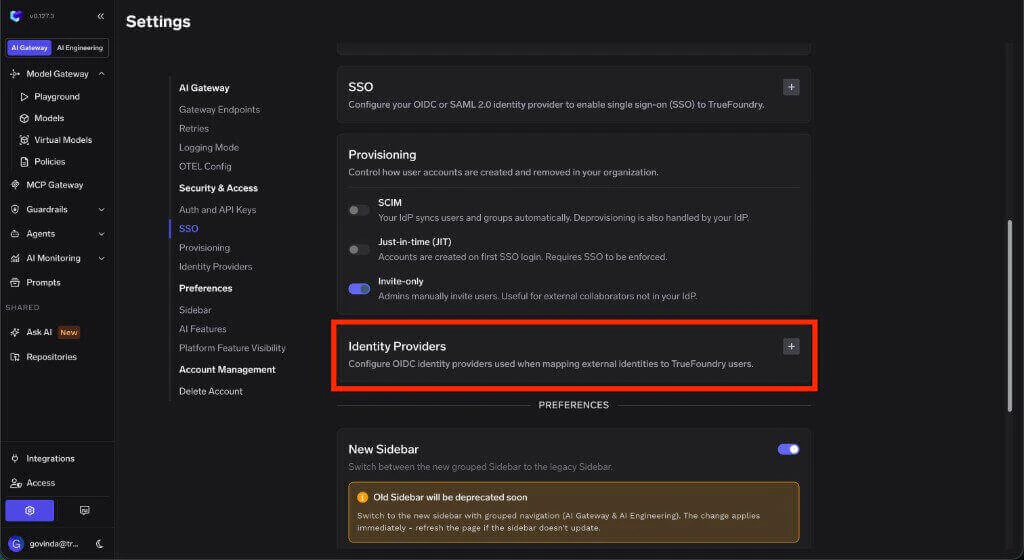Identity Providers section in TrueFoundry Security and Access settings