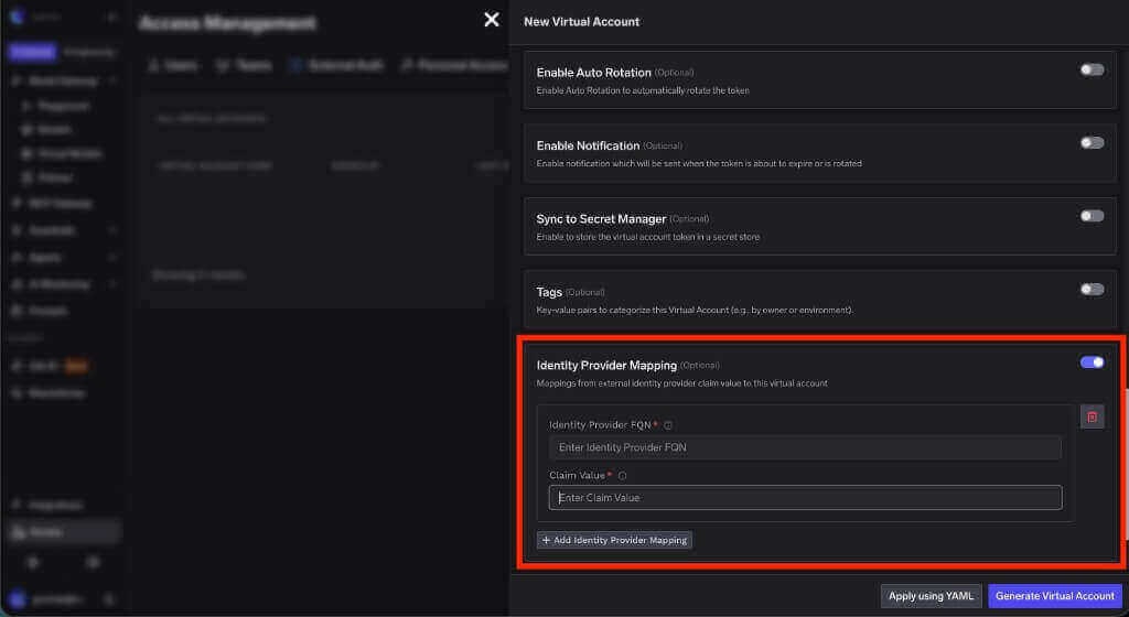 Virtual account form showing identity provider FQN and claim value mapping fields