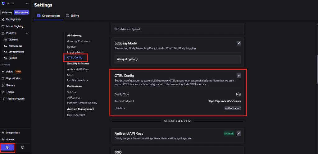 TrueFoundry AI Engineering and Settings navigation to Organisation OTEL Config showing traces endpoint and authorization header