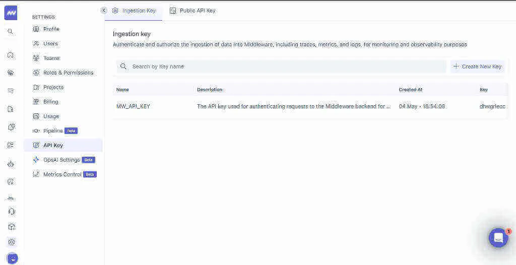 Middleware Settings with Ingestion key tab and API key list including Create New Key