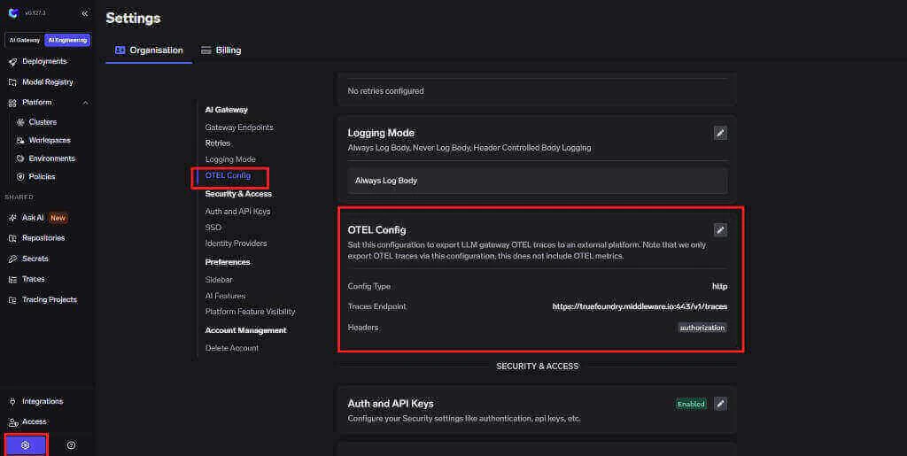 TrueFoundry AI Engineering and Settings navigation to Organisation OTEL Config with Middleware traces endpoint and authorization header