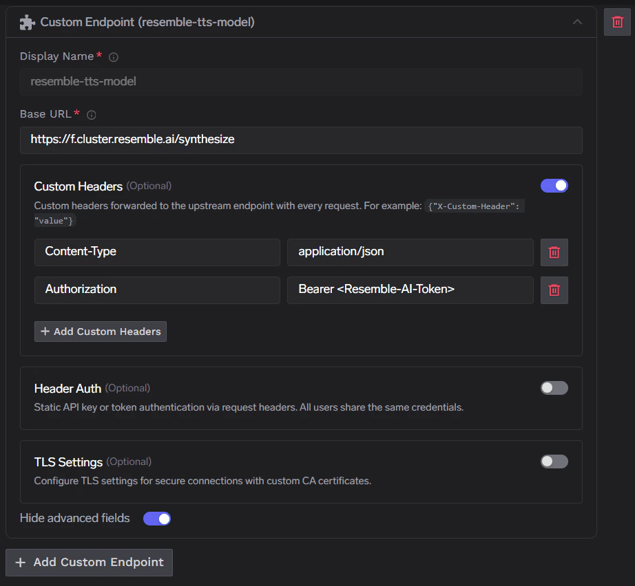 Custom Endpoint form for Resemble AI with Base URL and custom headers