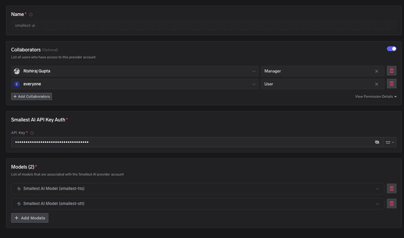 Smallest AI account configuration form with fields for name, collaborators, API key, and models