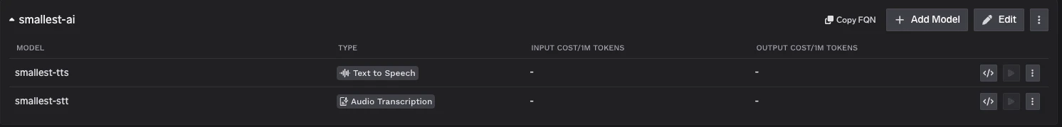 Smallest AI provider account showing smallest-tts and smallest-stt models