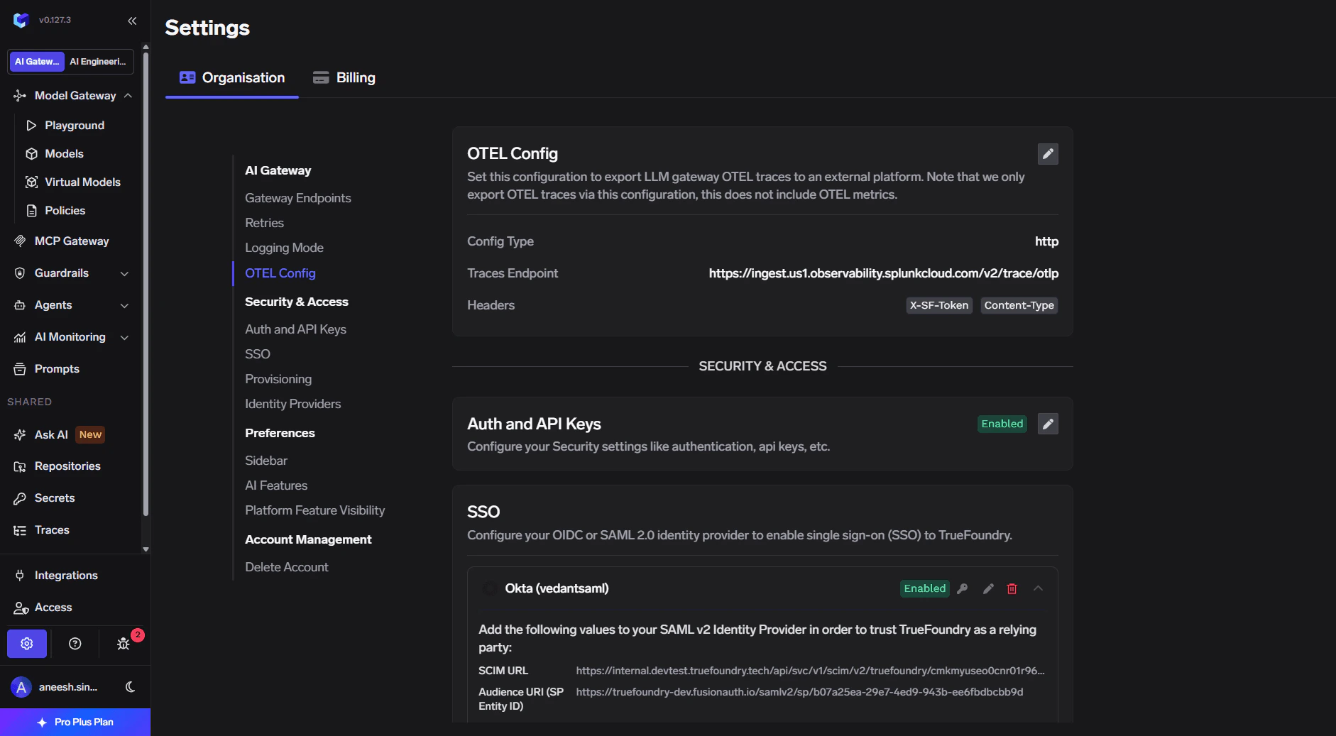Settings Organisation AI Gateway OTEL Config in TrueFoundry