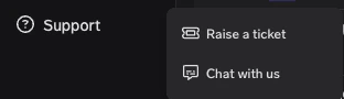 Support menu item in the TrueFoundry left sidebar with Raise a ticket and Chat with us options
