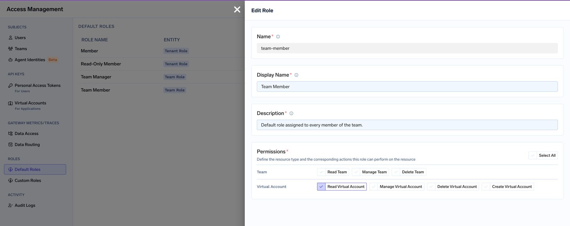 Edit Role drawer for the default Team Member role showing Team and Virtual Account permissions with Read Virtual Account selected