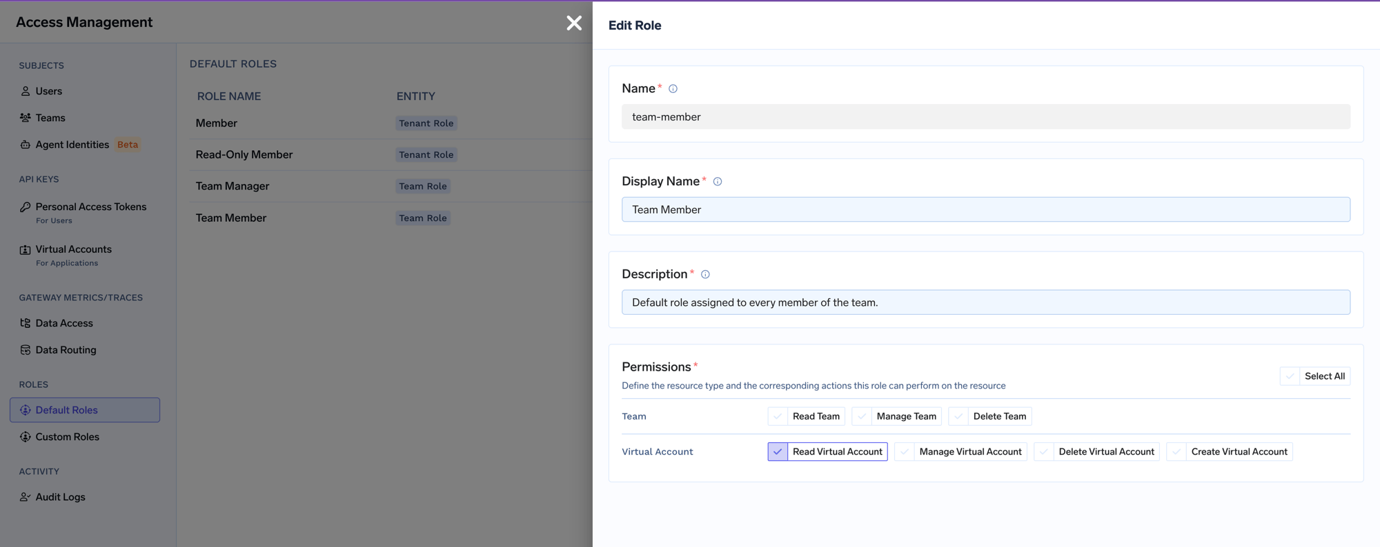 Edit Role drawer for the default Team Member role showing Team and Virtual Account permissions with Read Virtual Account selected