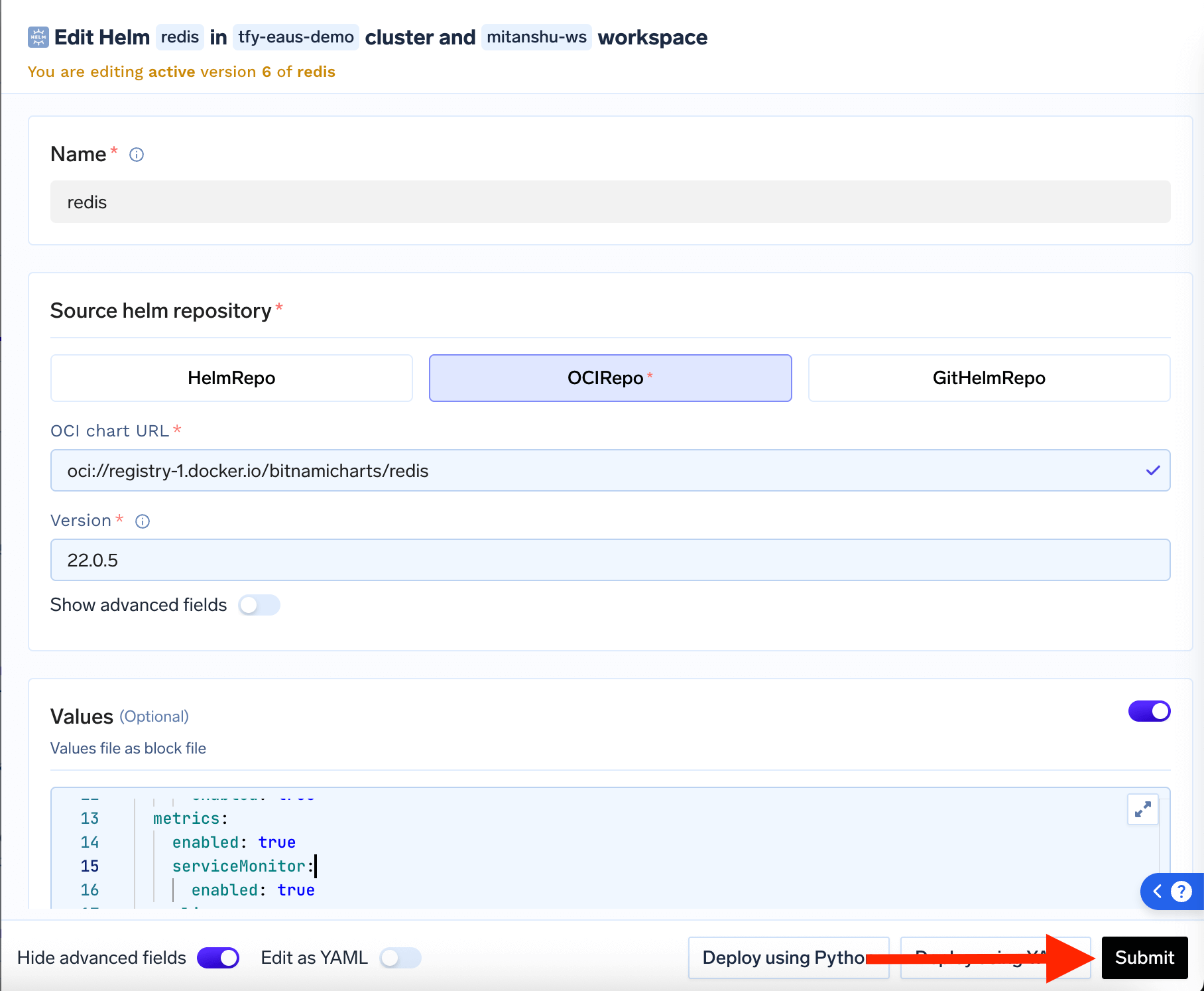 Deployment status showing the deployment status