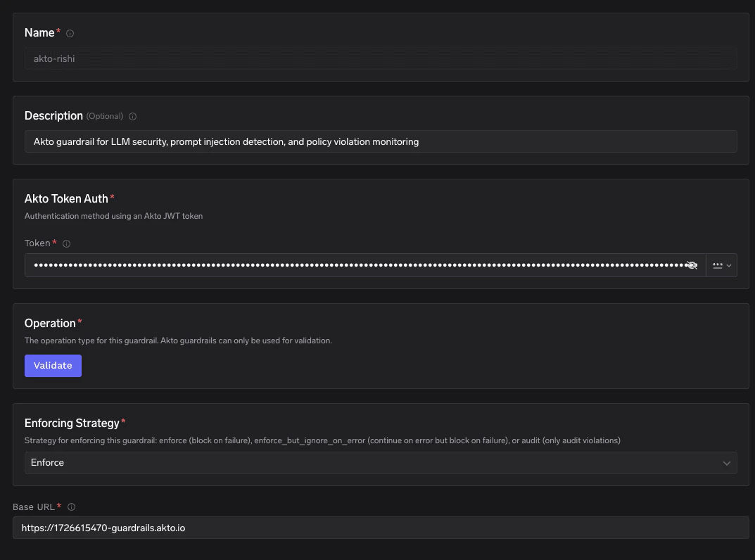 TrueFoundry interface for configuring Akto with fields for name, description, token authentication, operation, enforcing strategy, and base URL