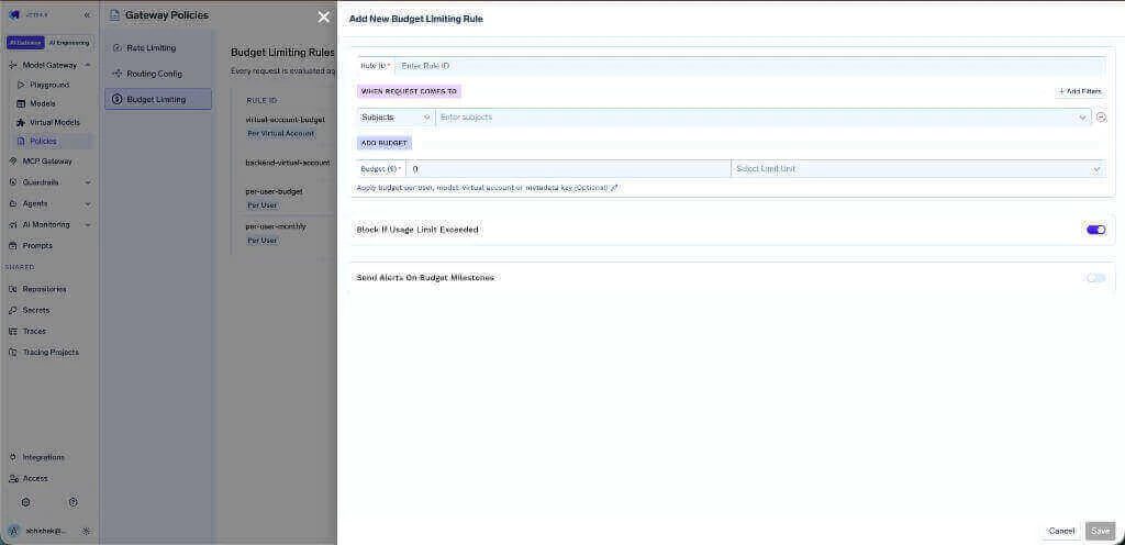 Add New Budget Limiting Rule in AI Gateway