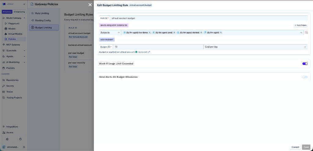 Edit Budget Limiting Rule showing enforcement toggle