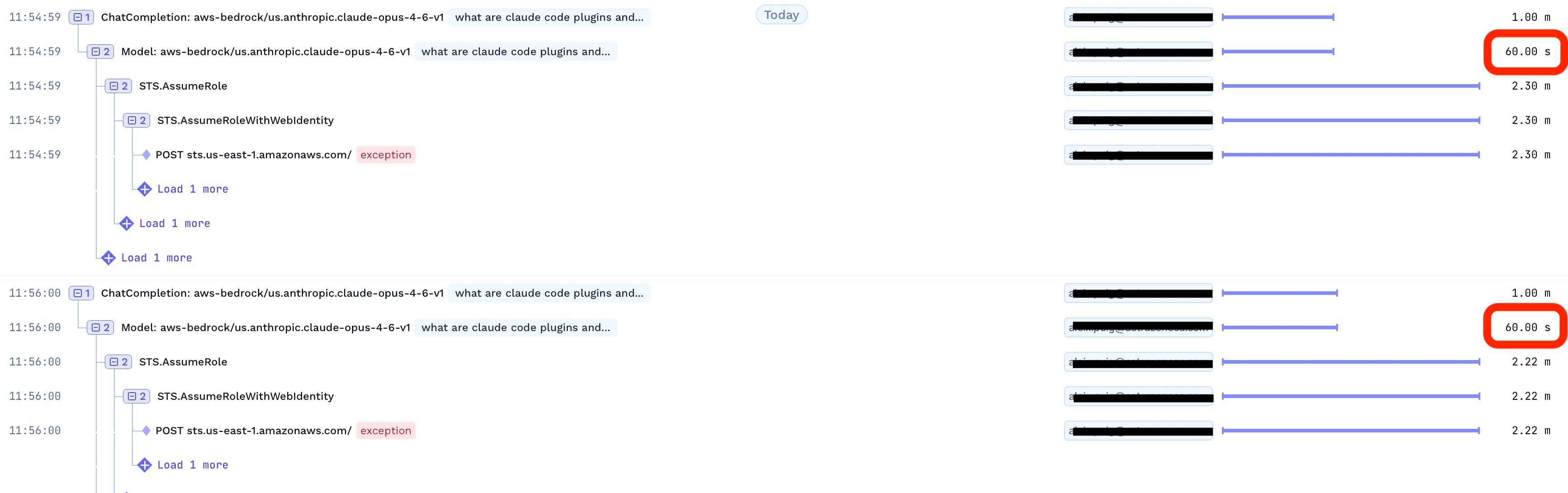Traces showing requests timing out at 60 seconds