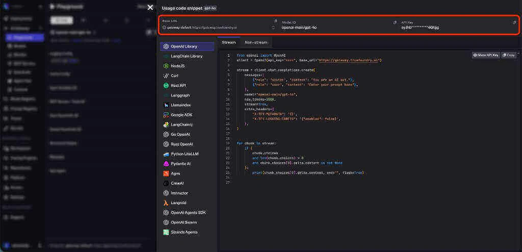 Playground header showing Base URL, Model ID, and API Key fields