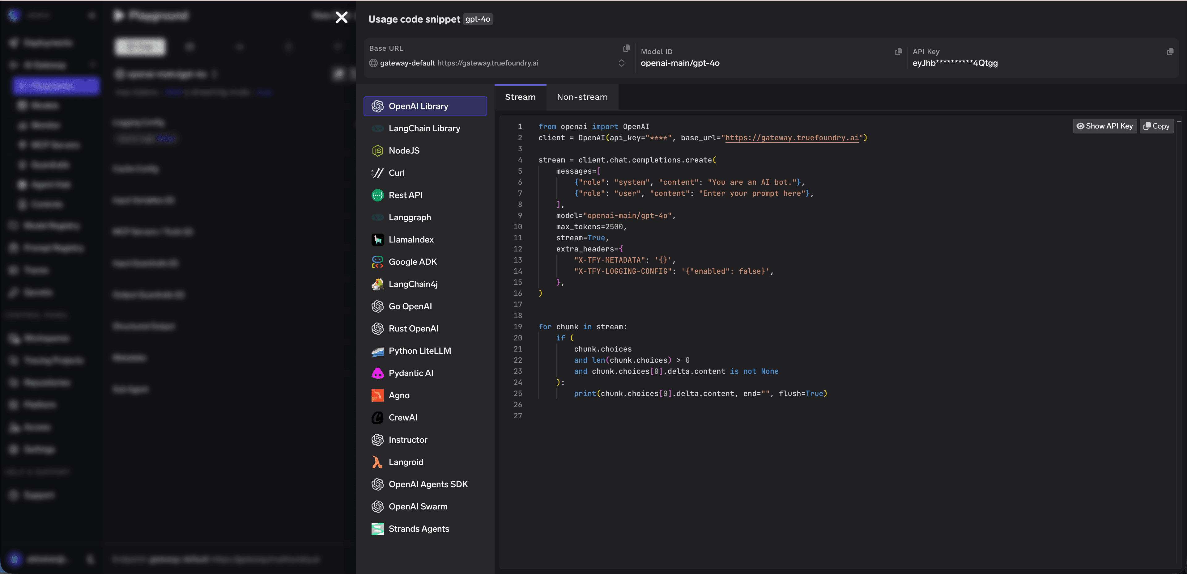 Code snippet generation interface with language options