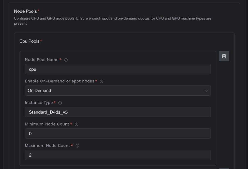 Azure Node Pools configuration form
