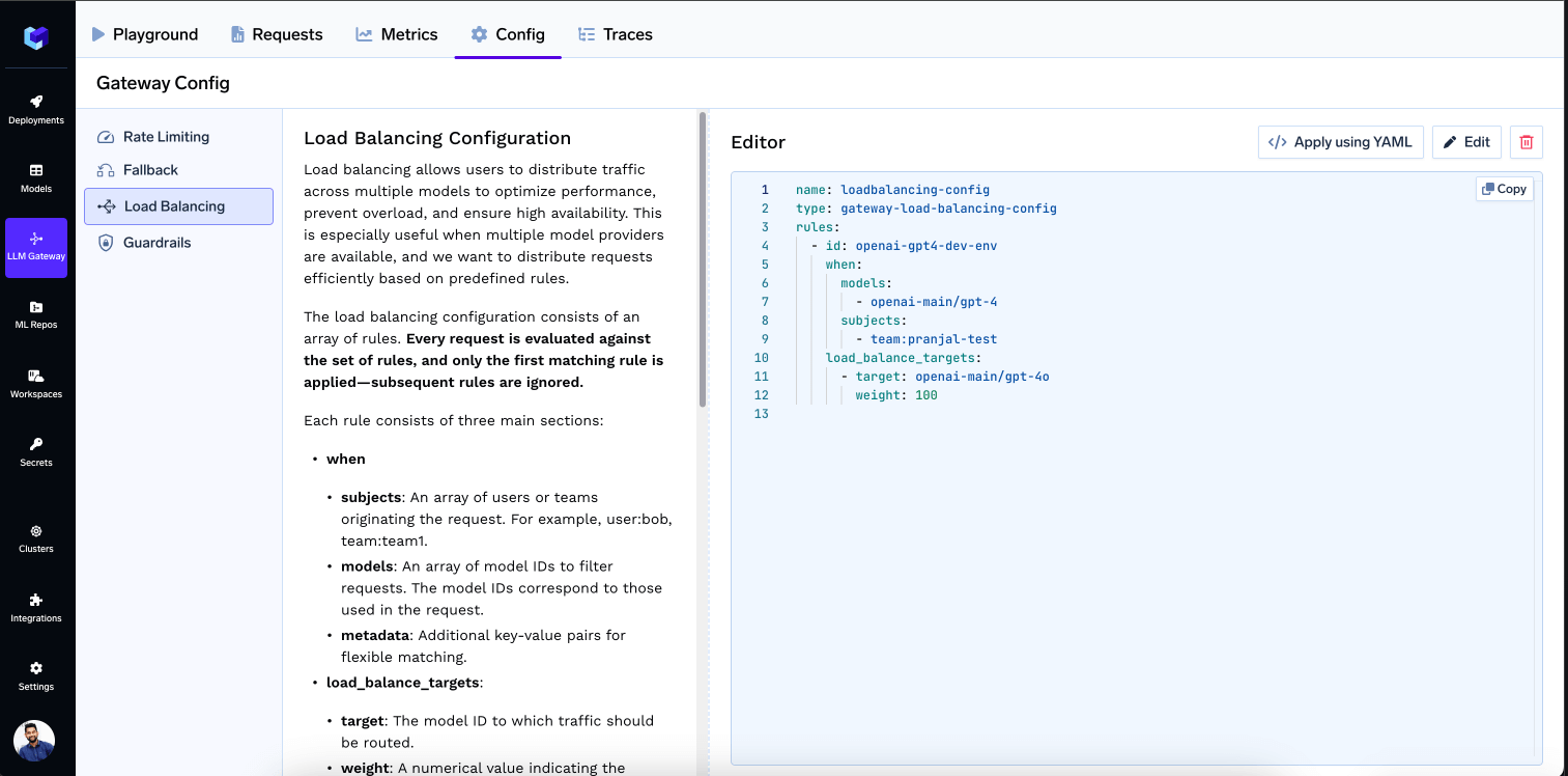 TrueFoundry AI Gateway Config tab showing YAML editor for load balancing configuration