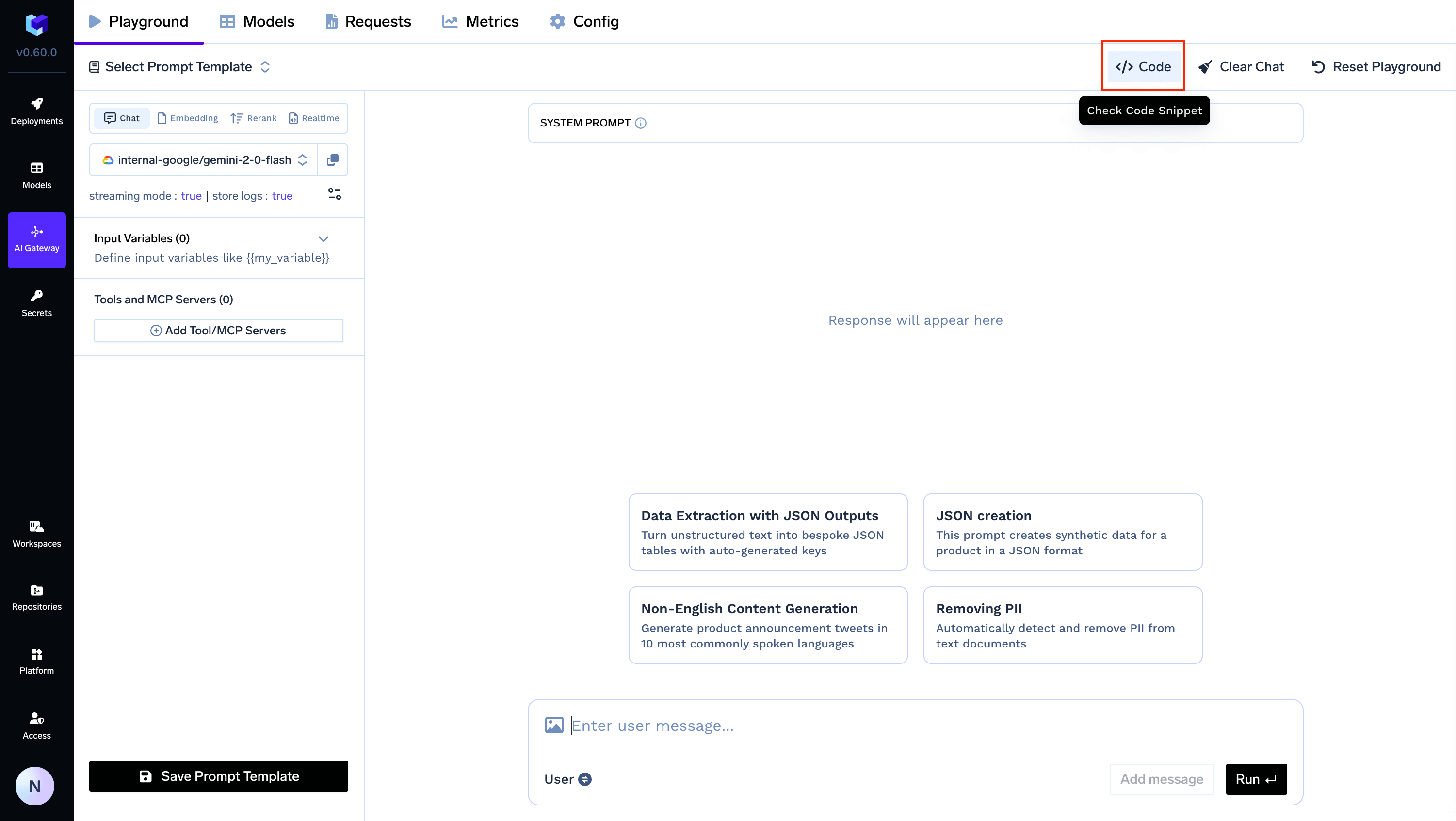 Gateway Code Snippets Page with code generation options
