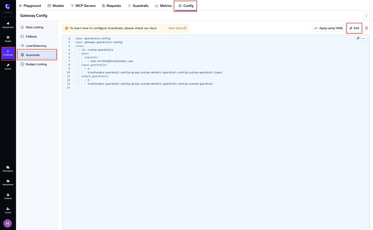 TrueFoundry interface showing YAML editor for creating guardrail configuration