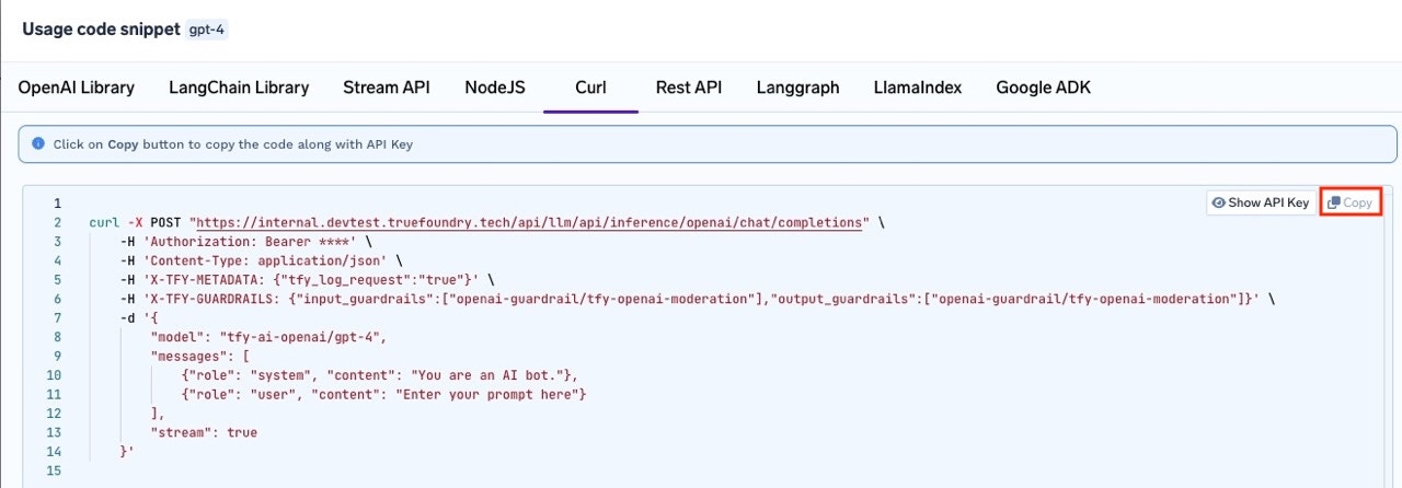 Curl command example with X-TFY-GUARDRAILS header for applying guardrails