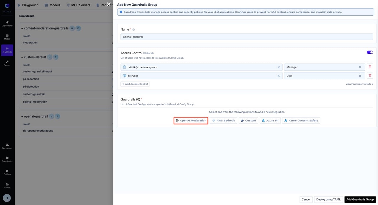 Guardrail integration selection interface showing OpenAI Moderation option