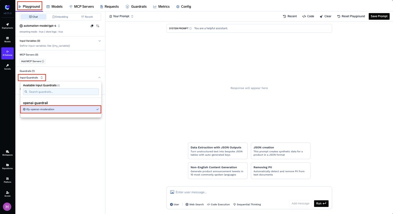 AI Gateway playground interface with guardrail selection panel on the left side