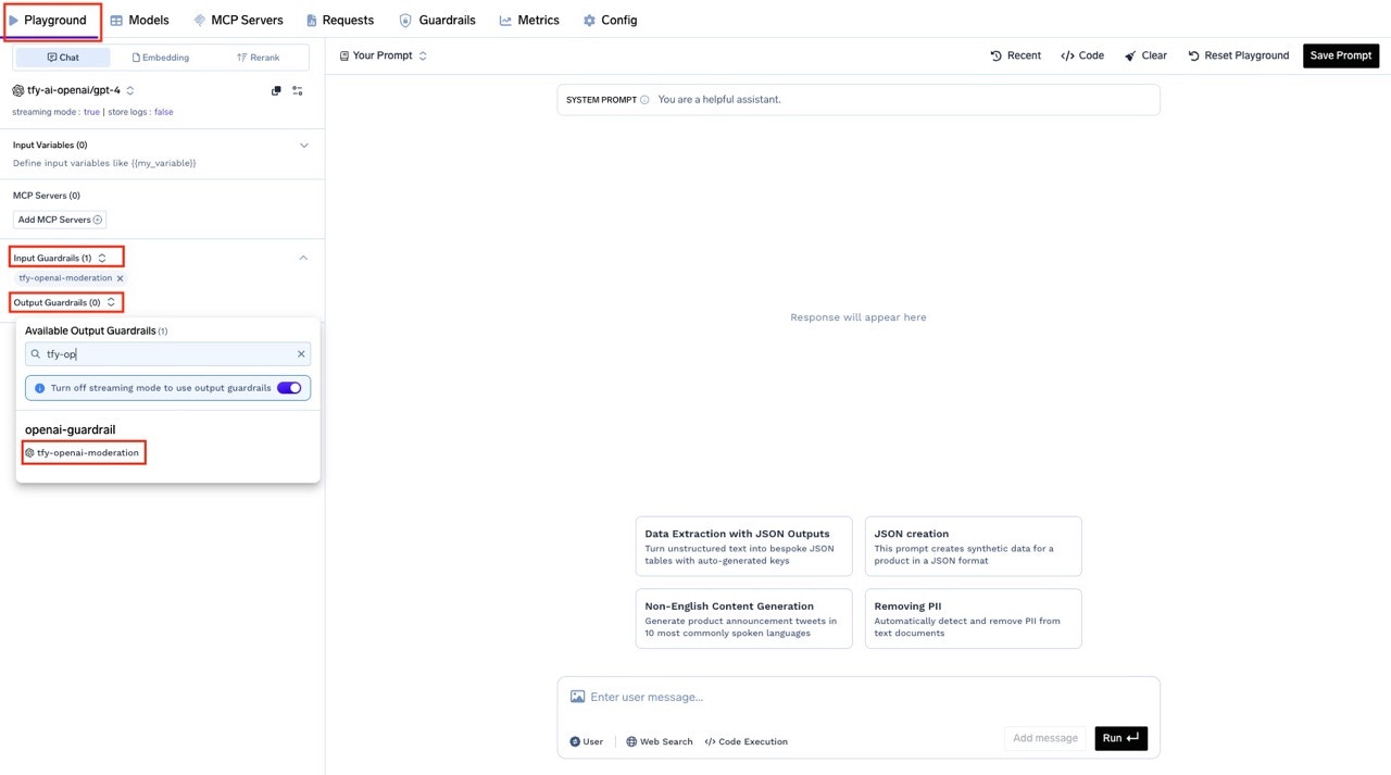 Guardrail selector in playground showing selected OpenAI moderation guardrail