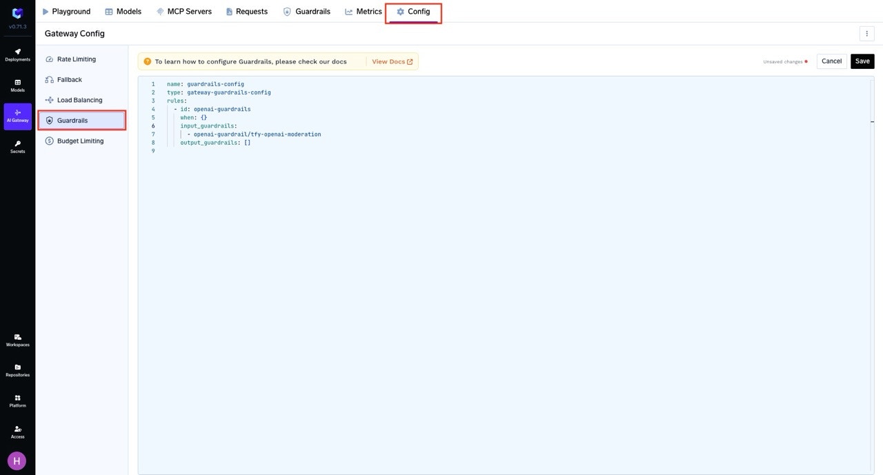 Gateway-level guardrail configuration interface with YAML editor for rules