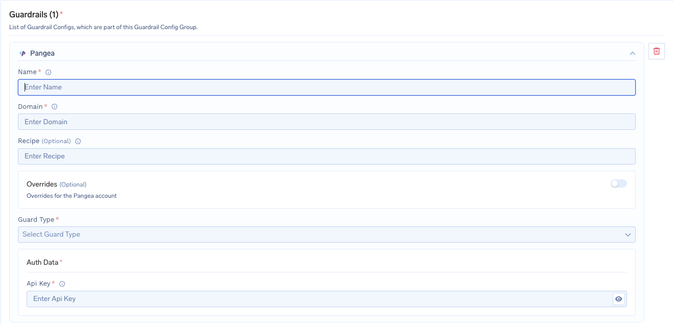 TrueFoundry interface for configuring Pangea with fields for name, domain, recipe, guard type, and API key