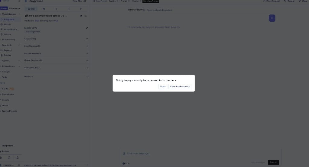 AI Gateway playground showing a blocked response with the message This gateway can only be accessed from prod env